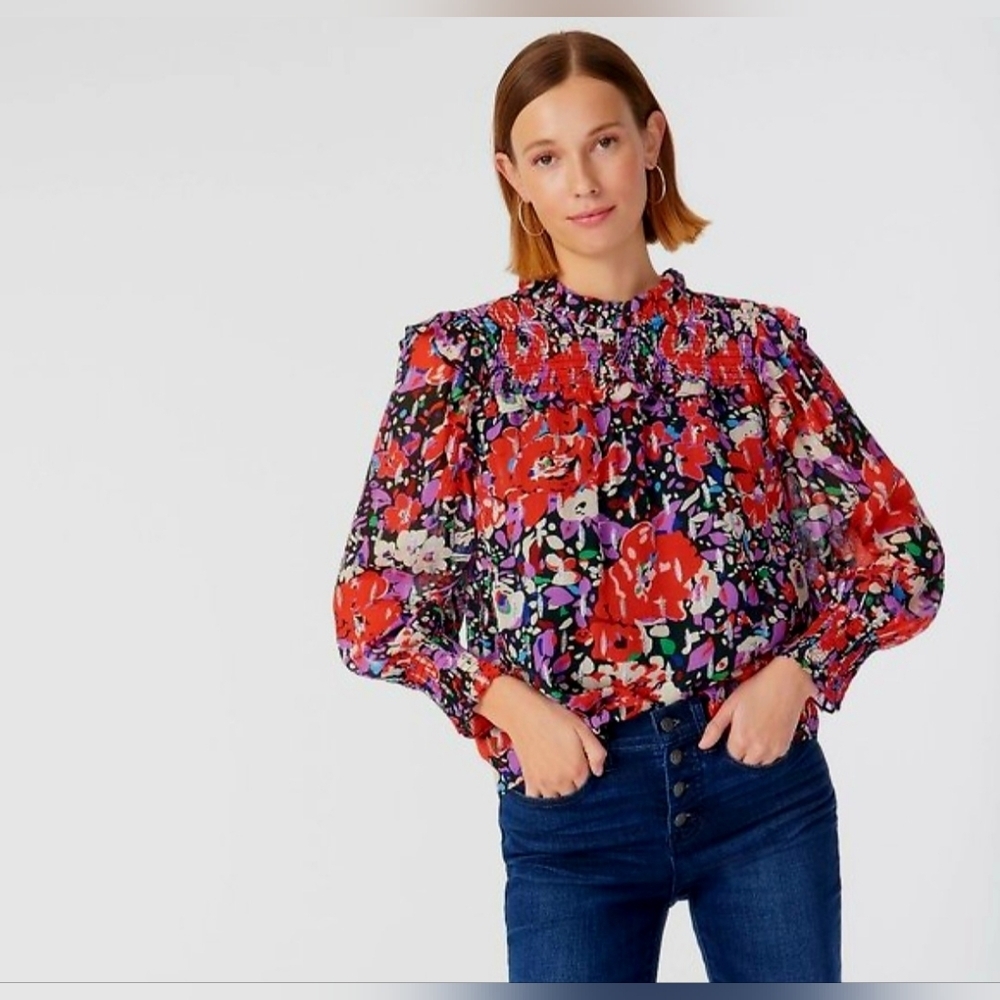 J. CREW Smocked popover Floral Blouse Size Small EUC - Picture 2 of 16